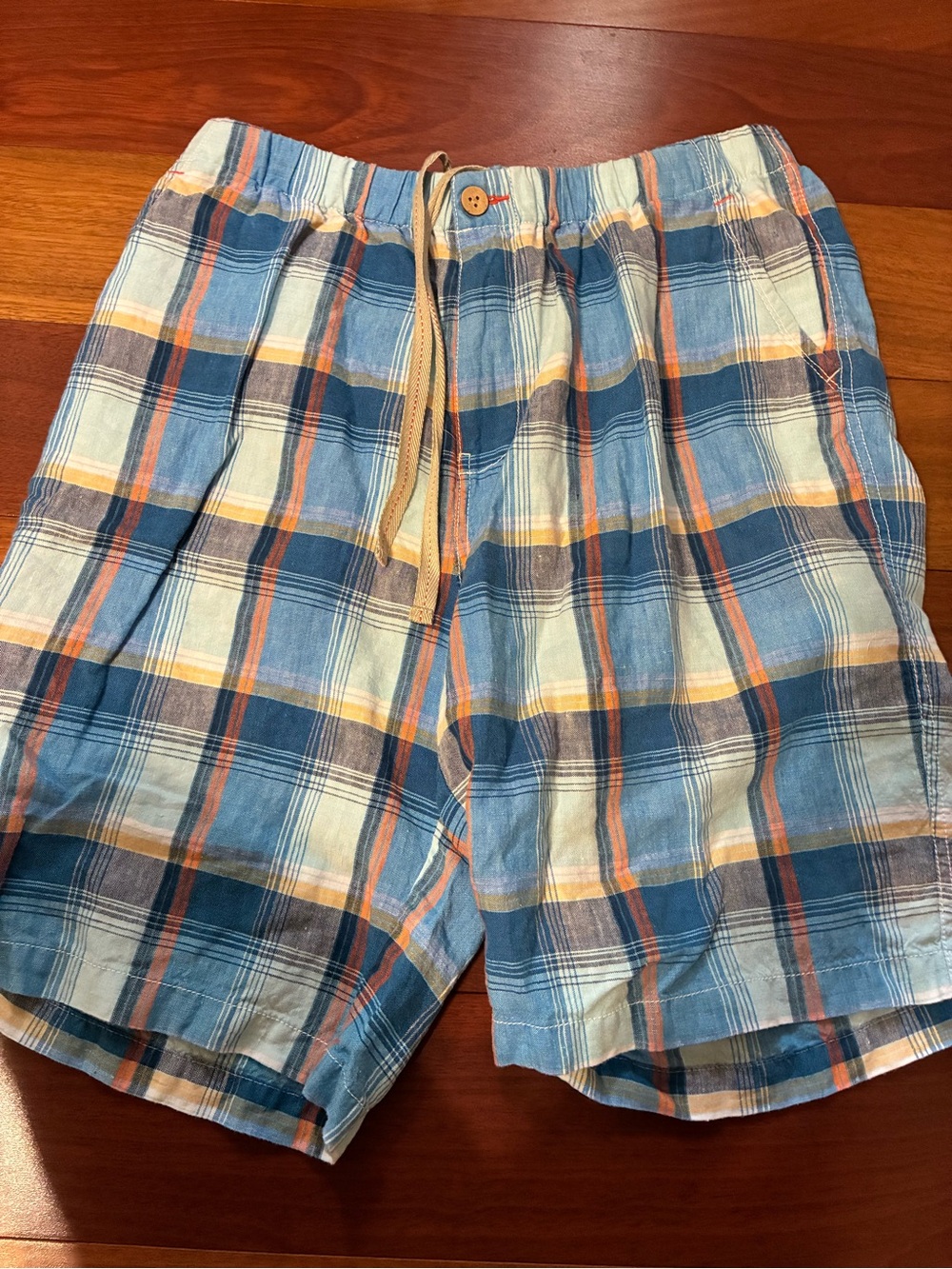 Tommy Bahama Blue, Orange & Cream Plaid Flat Front Shorts